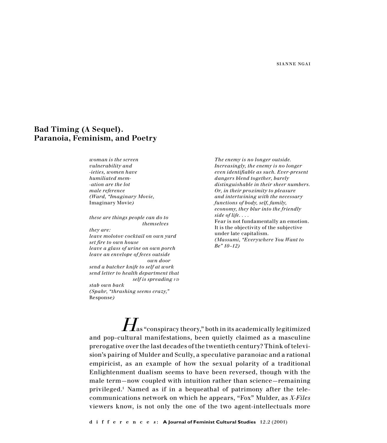 Bad Timing (A Sequel). Paranoia, Feminism, and Poetry