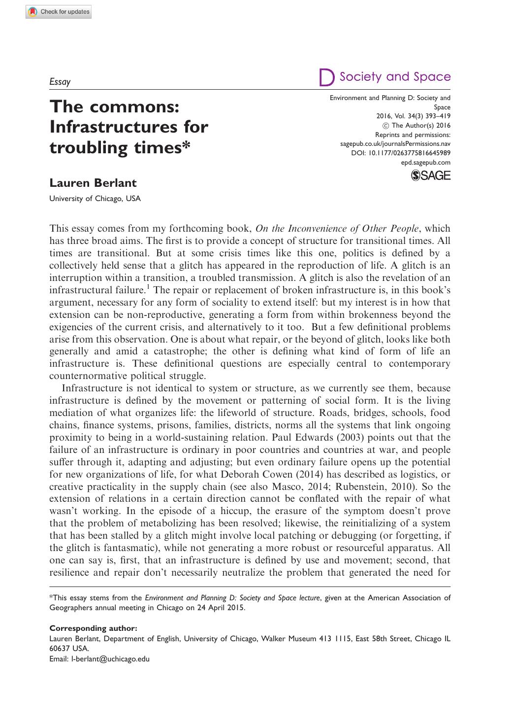 The commons: Infrastructures for troubling times