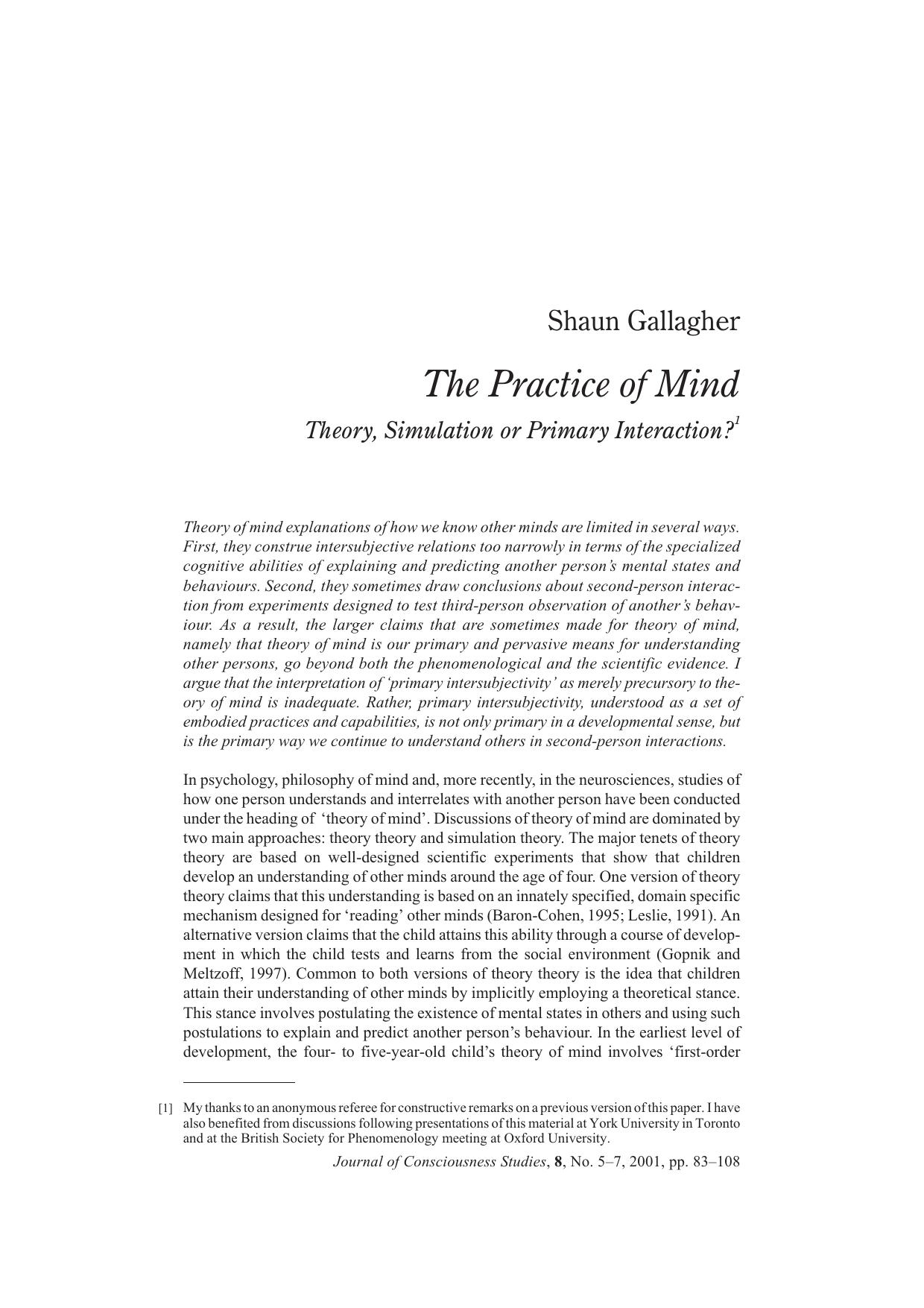 The Practice of Mind: Theory, Simulation or Primary Interaction?
