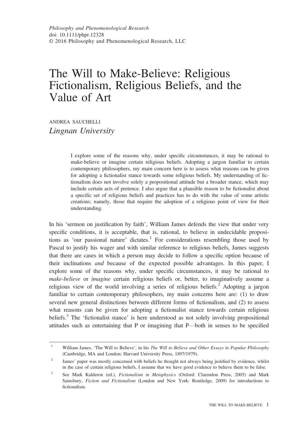 The Will to Make-Believe: Religious Fictionalism, Religious Beliefs, and the Value of Art