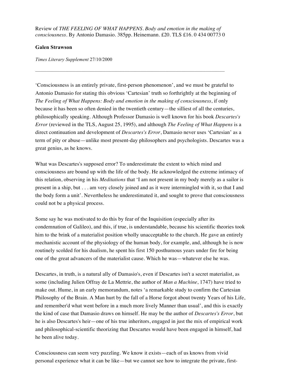 Review of THE FEELING OF WHAT HAPPENS: Body and emotion in the making of consciousness