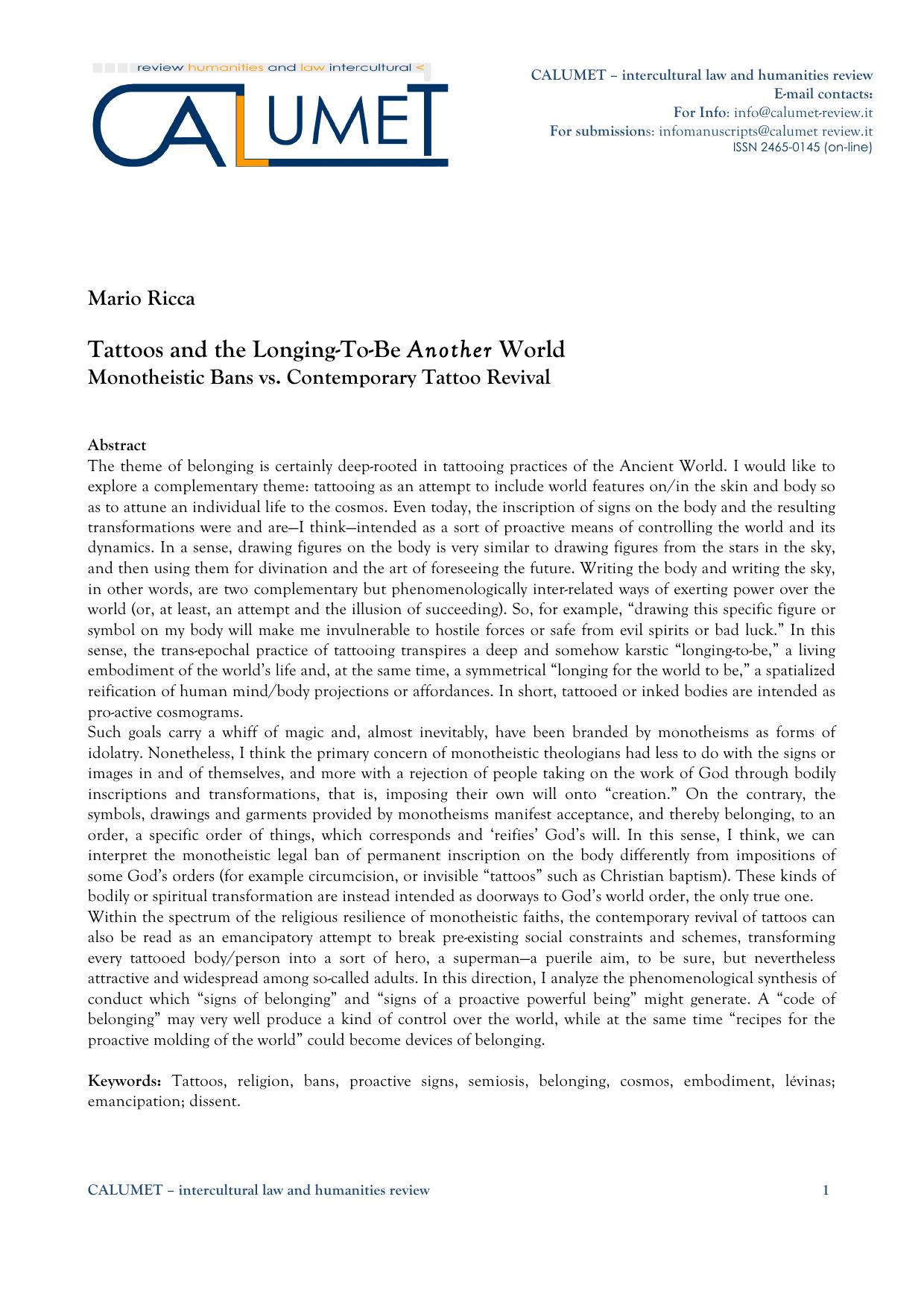 Tattoos and the Longing-To-Be Another World: Monotheistic Bans vs. Contemporary Tattoo Revival