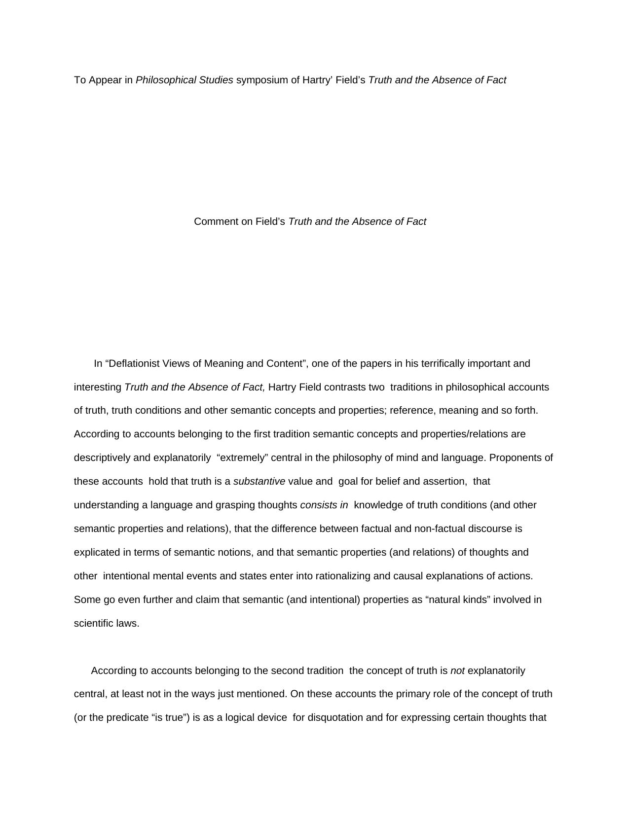 Comment on Field’s "Truth and the Absence of Fact"