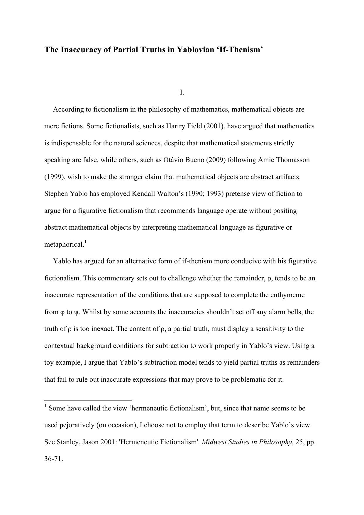 The Inaccuracy of Partial Truths in Yablovian ‘If-Thenism’