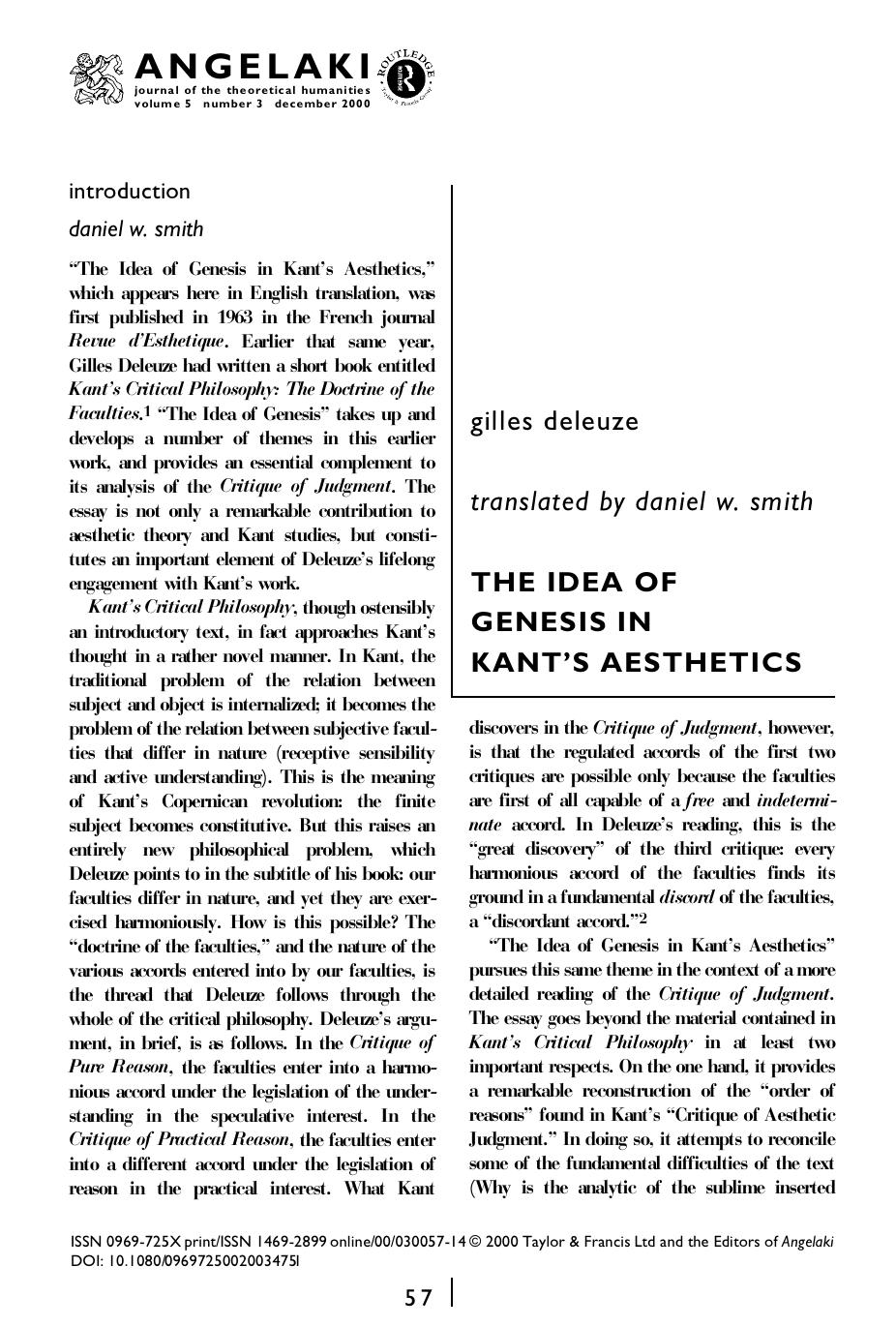 The Idea of Genesis in Kant's Aesthetics