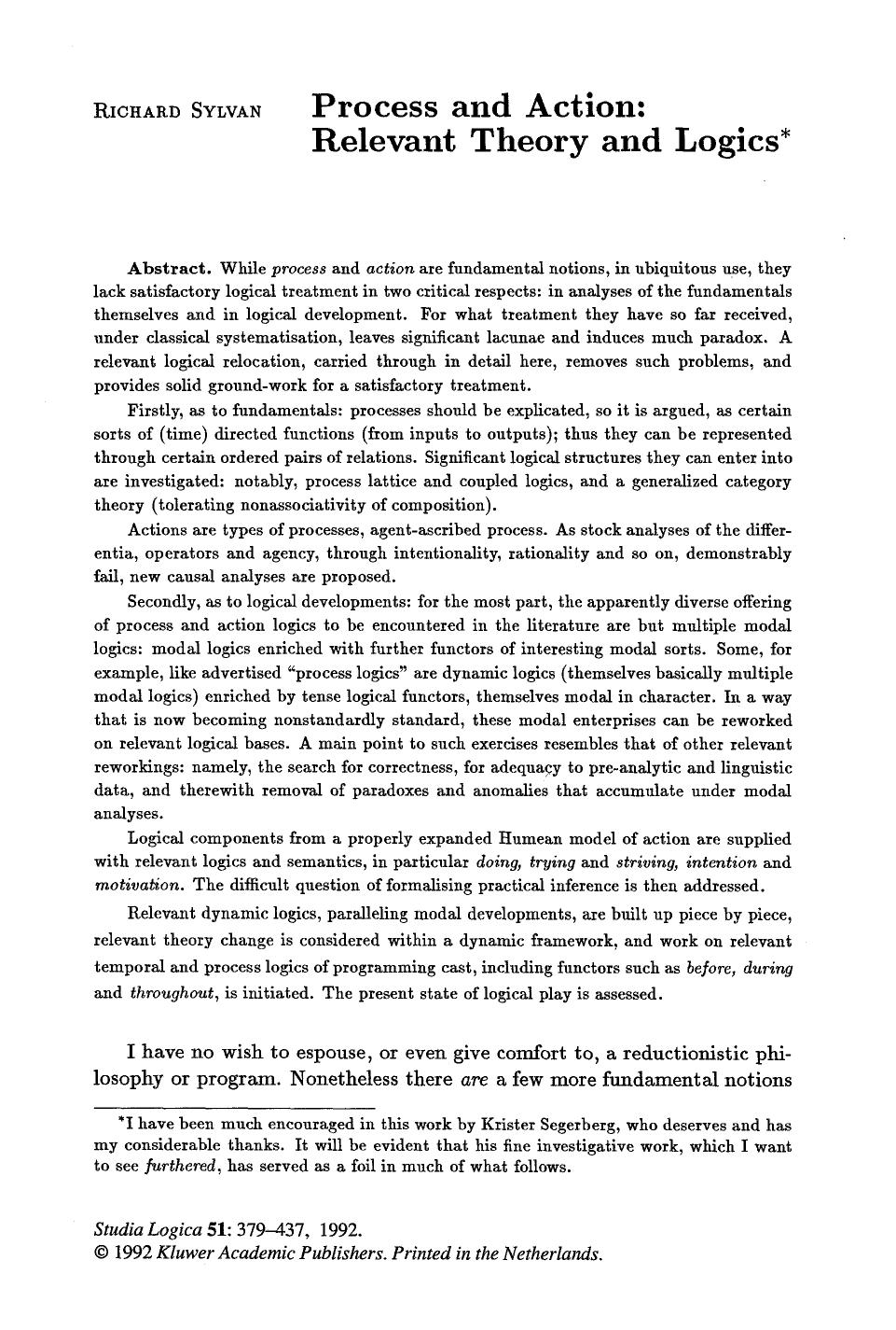 Process and Action: Relevant Theory and Logics