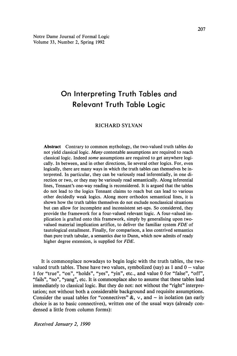 On Interpreting Truth Tables and Relevant Truth Table Logic