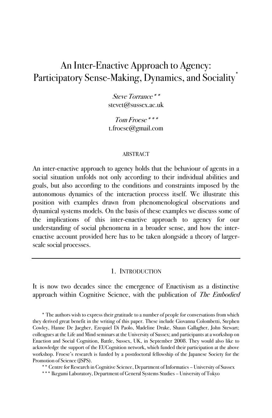 An Inter-Enactive Approach to Agency: Participatory Sense-Making, Dynamics, and Sociality