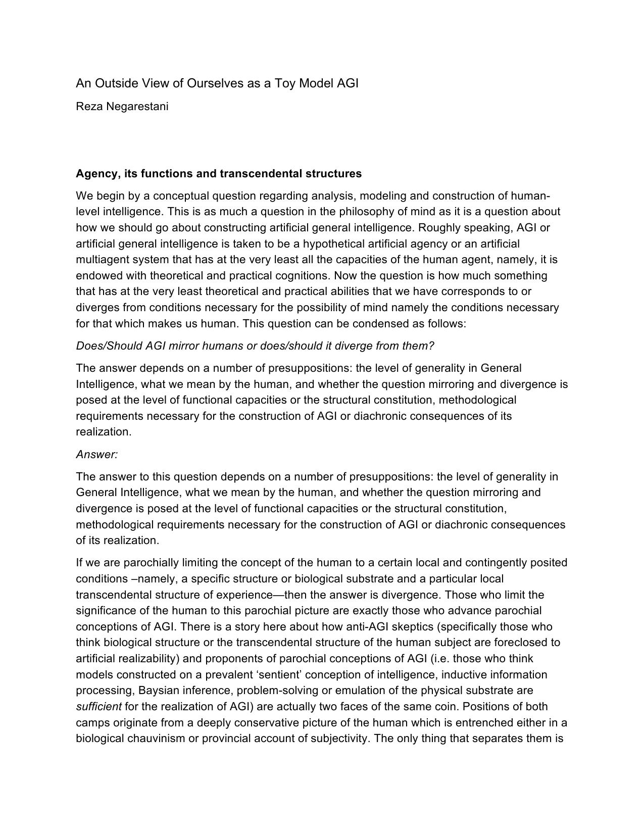 An Outside View of Ourselves as a Toy Model AGI