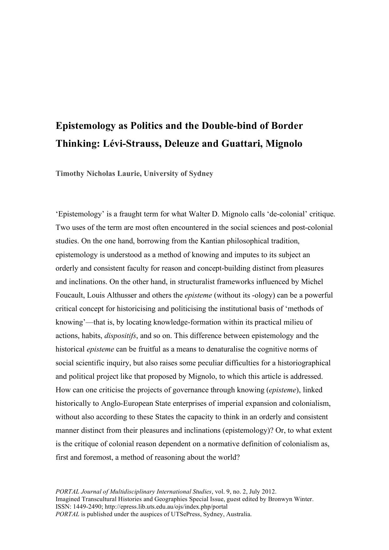 Epistemology as Politics and the Double-bind of Border Thinking: Lévi-Strauss, Deleuze and Guattari, Mignolo