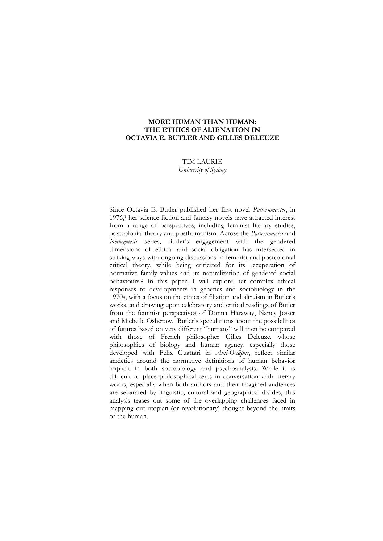 More Human than Human: The Ethics of Alienation in Octavia E. Butler and Gilles Deleuze