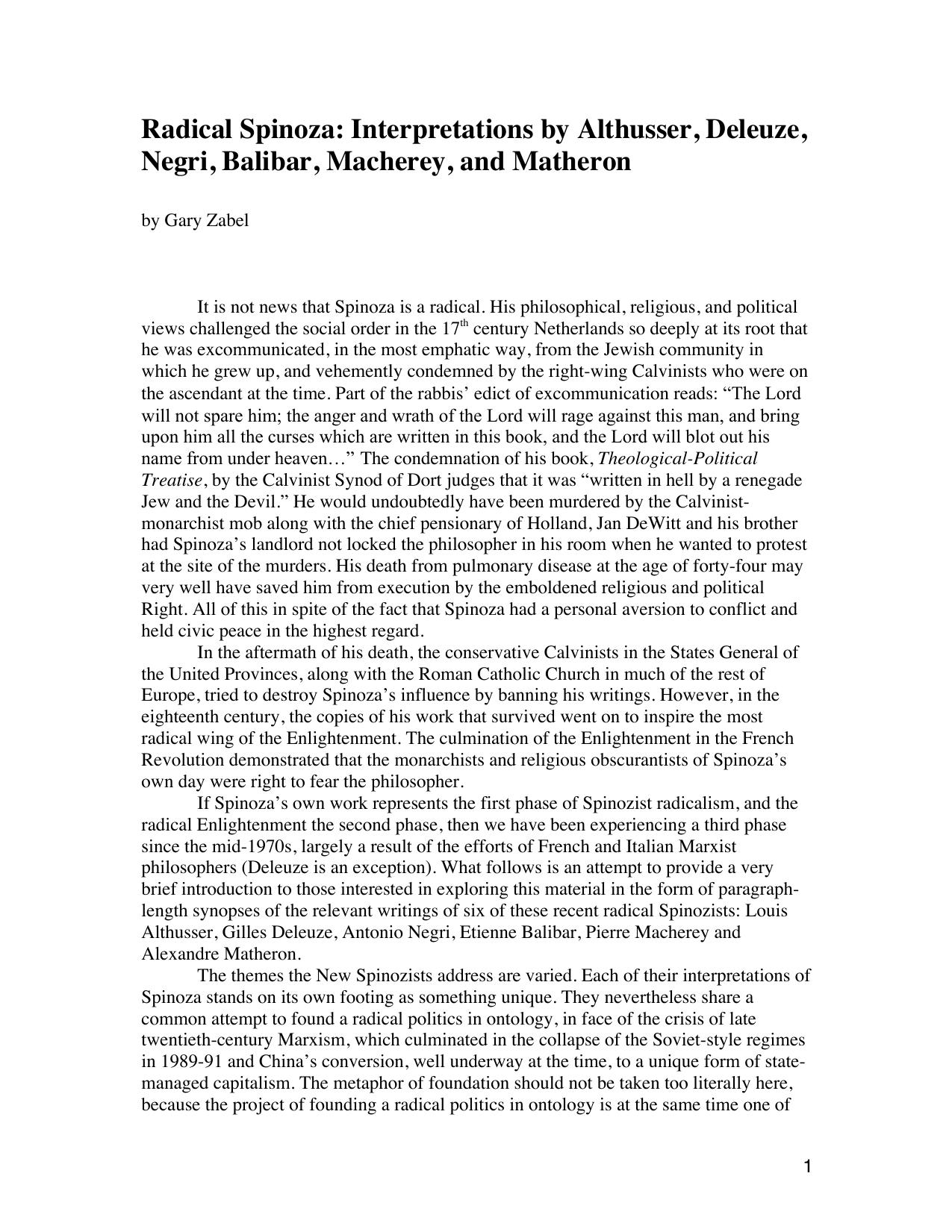 Radical Spinoza: Interpretations by Althusser, Deleuze, Negri, Balibar, Macherey, and Matheron