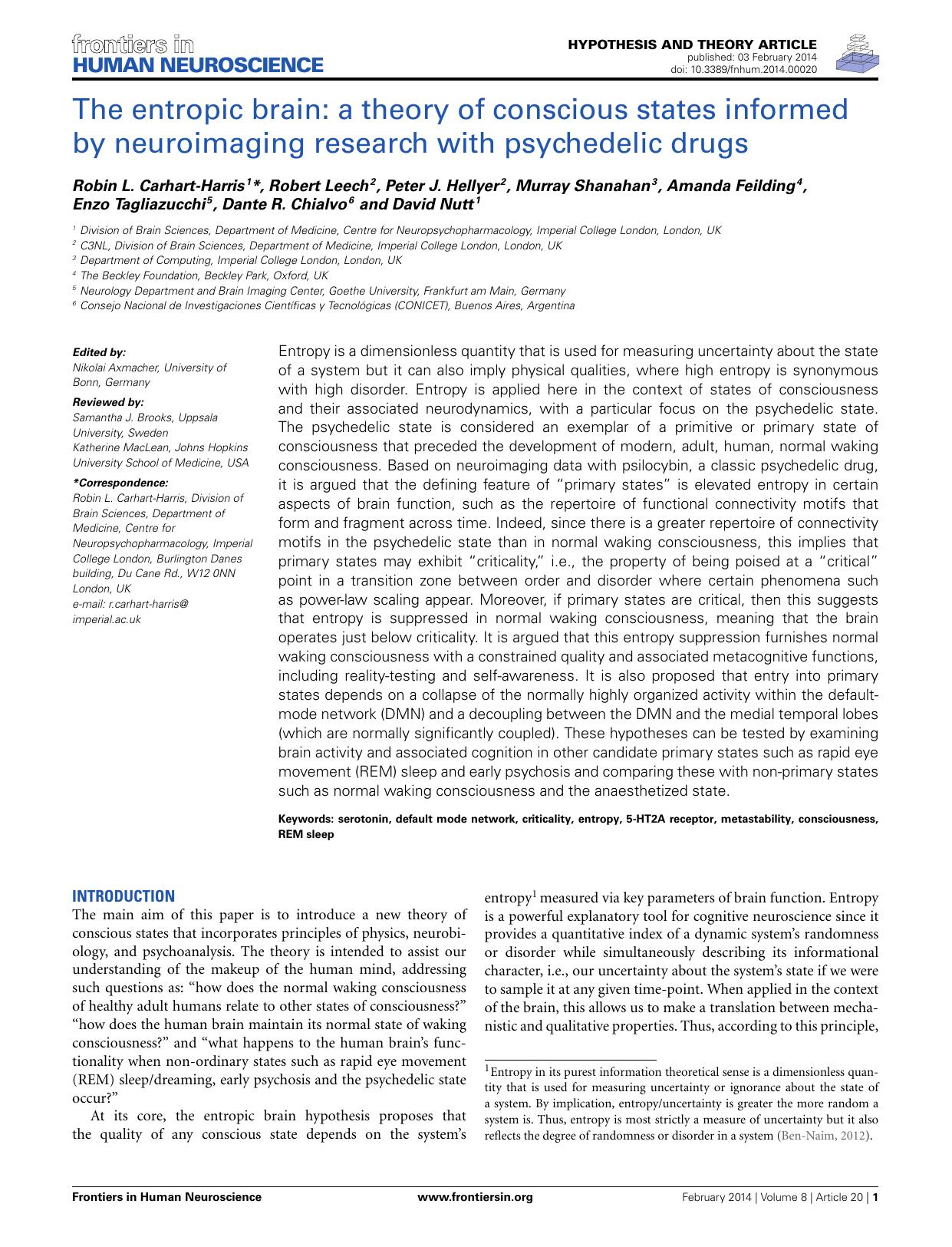 The Entropic Brain: A Theory of Conscious States Informed by Neuroimaging Research with Psychedelic Drugs