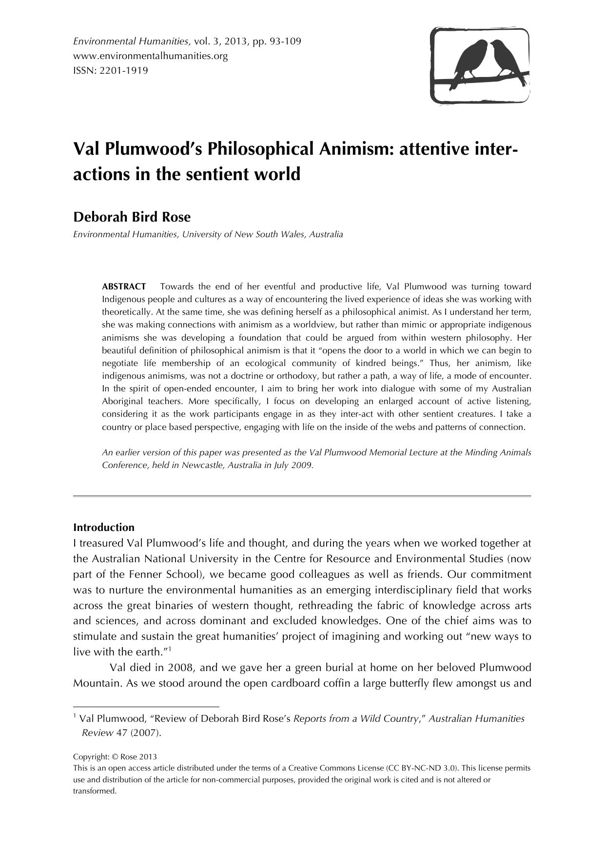 Val Plumwood’s Philosophical Animism: Attentive Interactions in the Sentient World