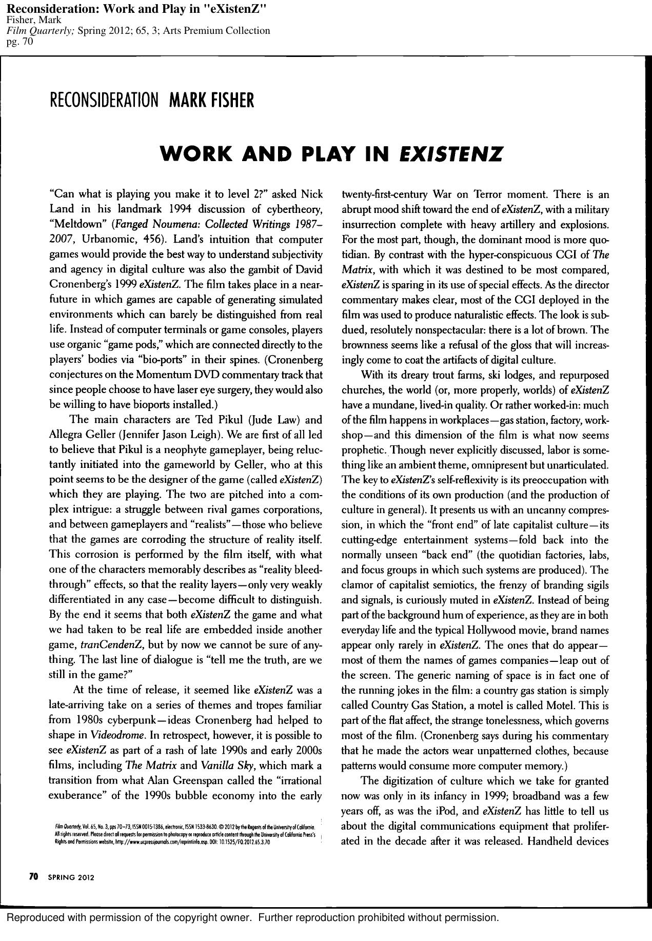 Work and Play in Existenz