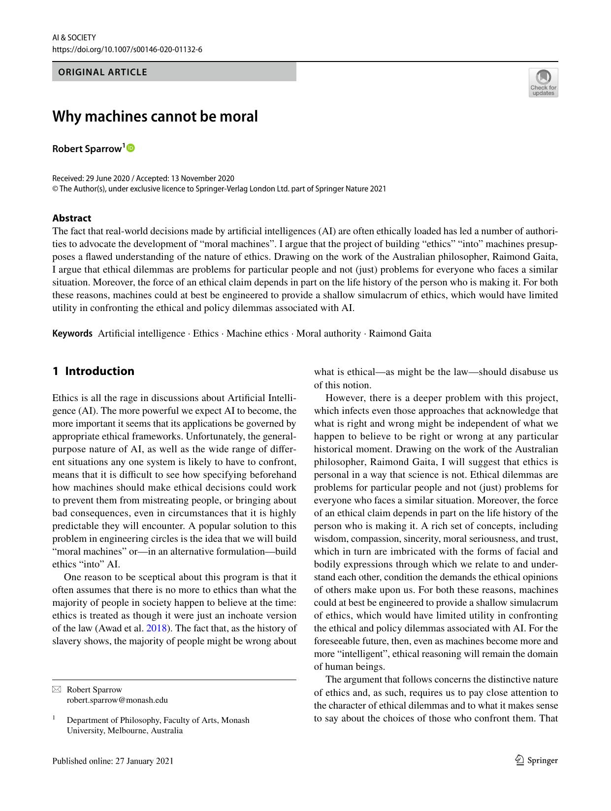 Why machines cannot be moral