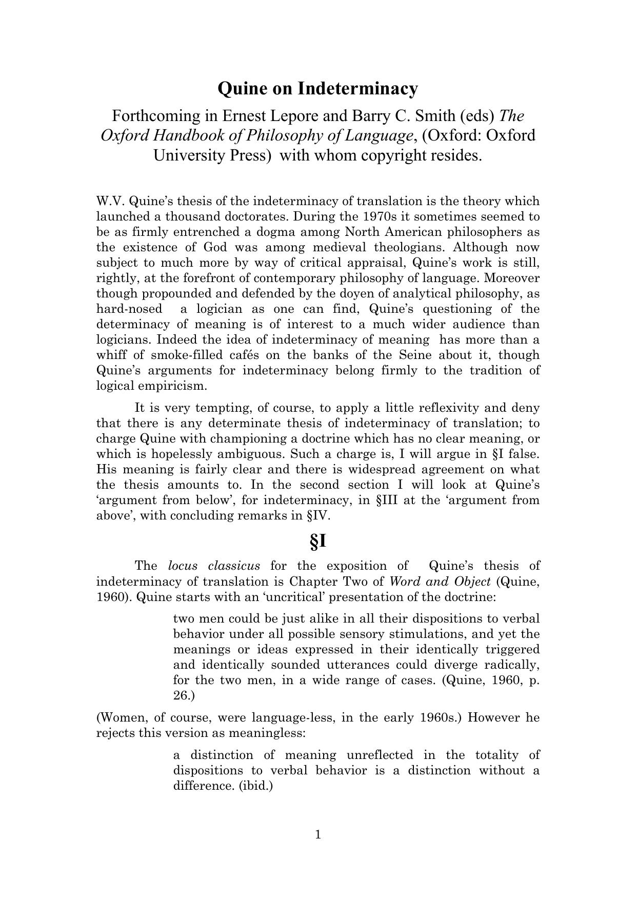 Quine on Indeterminacy