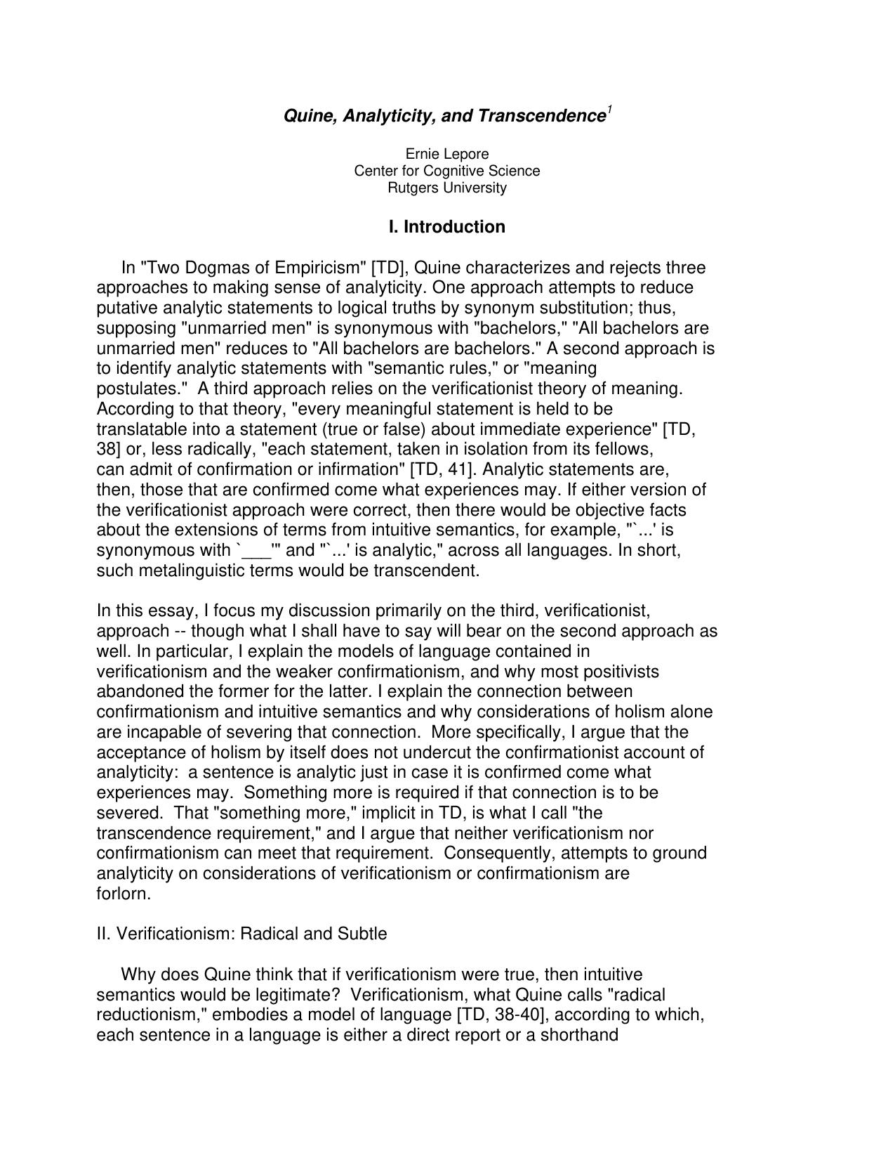 Quine, Analyticity, and Transcendence