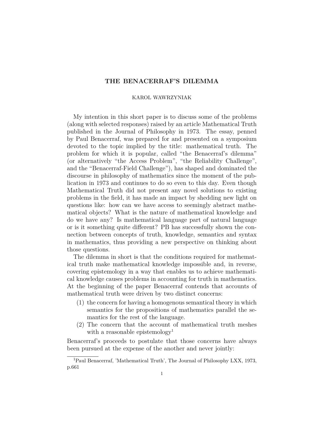 The Benacerraf's Dilemma