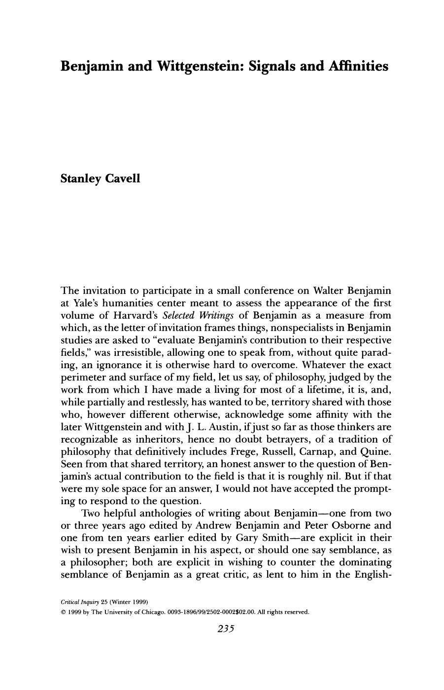 Benjamin and Wittgenstein: Signals and Affinities