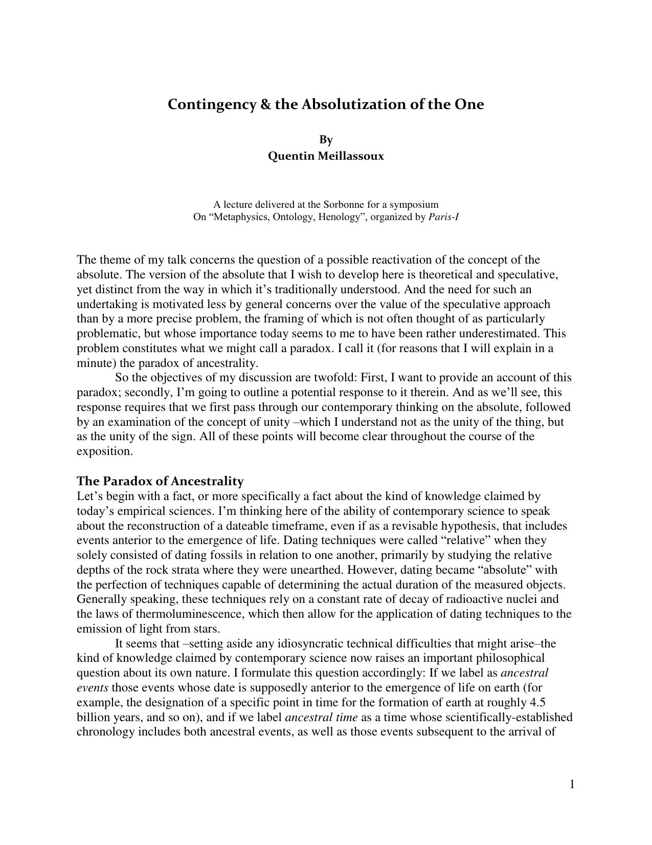 Contingency & the Absolutization of the One