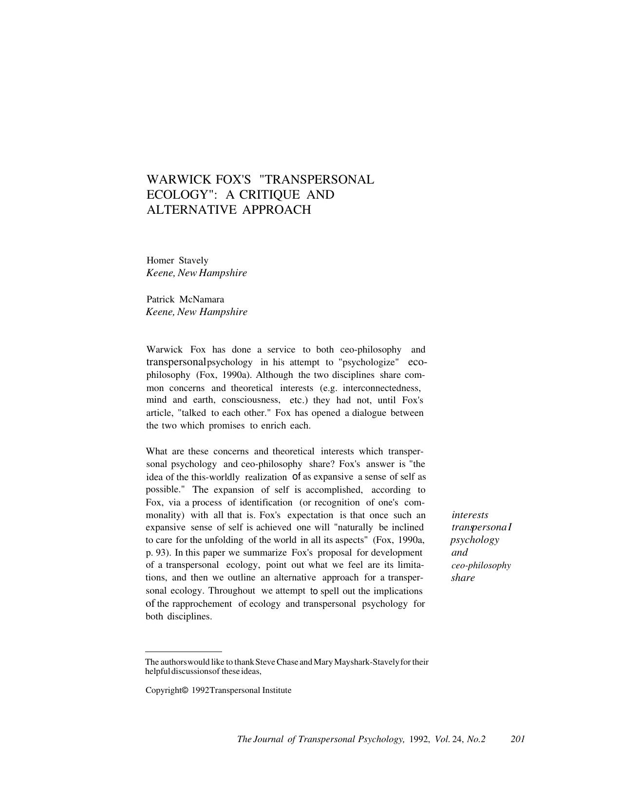 Warwick Fox's "Transpersonal Ecology": A Critique and Alternative Approach