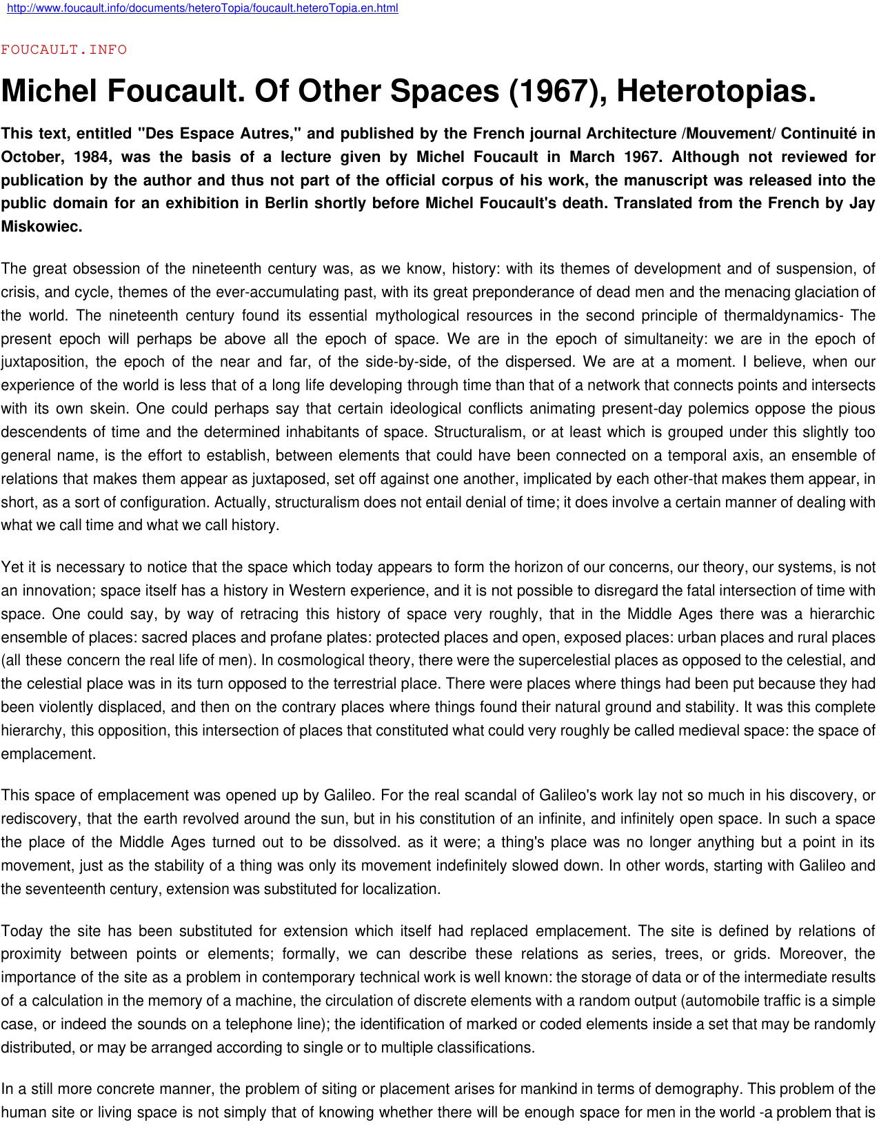 Of Other Spaces (Heteroropias)