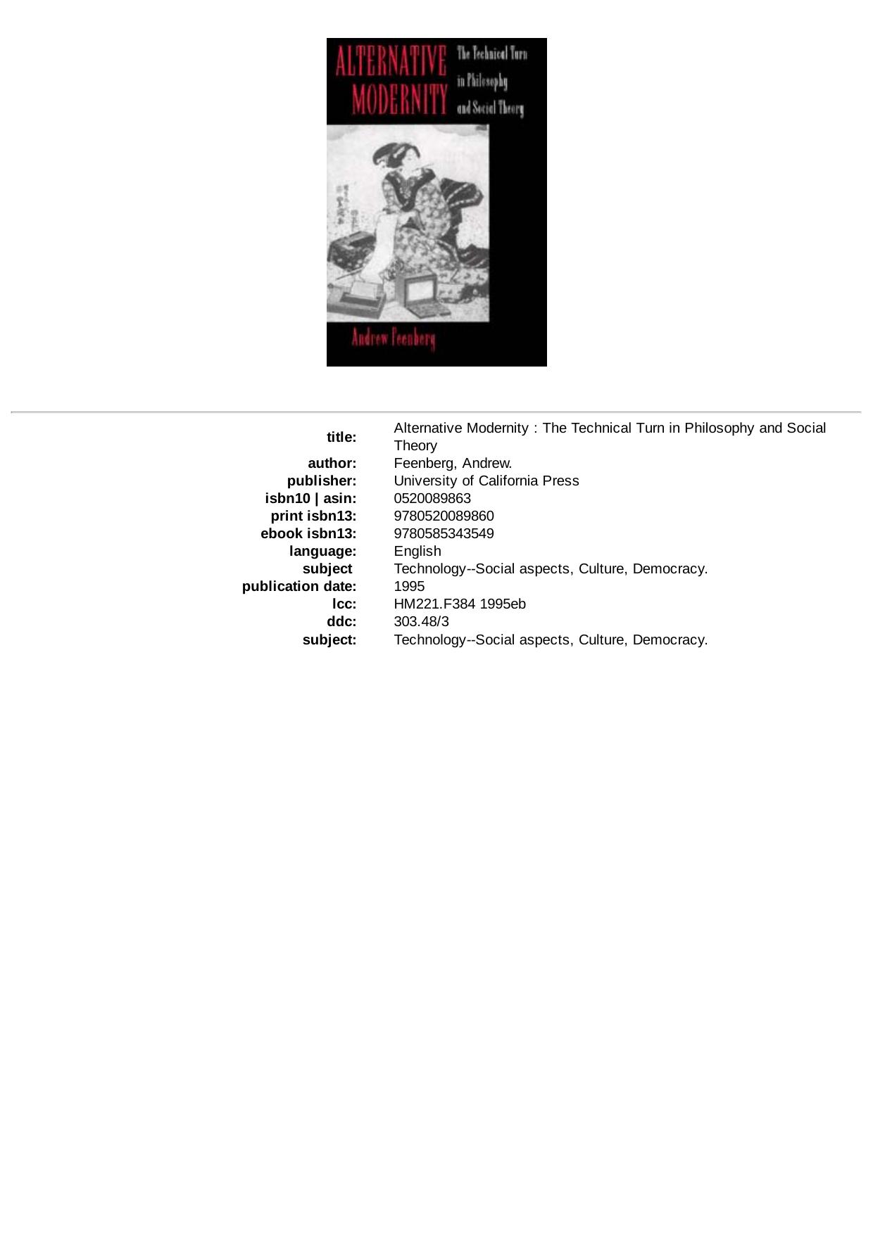 Alternative Modernity: The Technical Turn in Philosophy and Social Theory