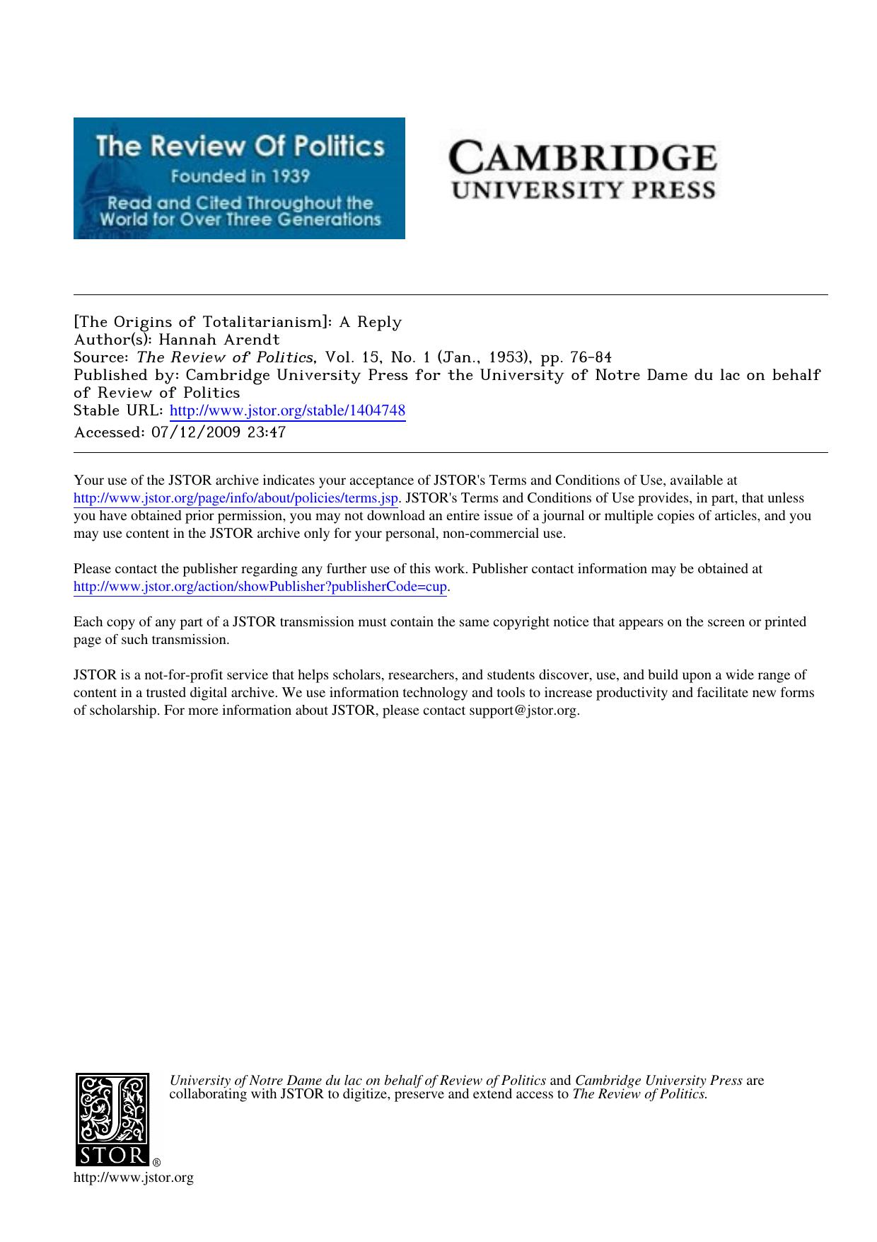 The Origins of Totalitarianism: A Reply