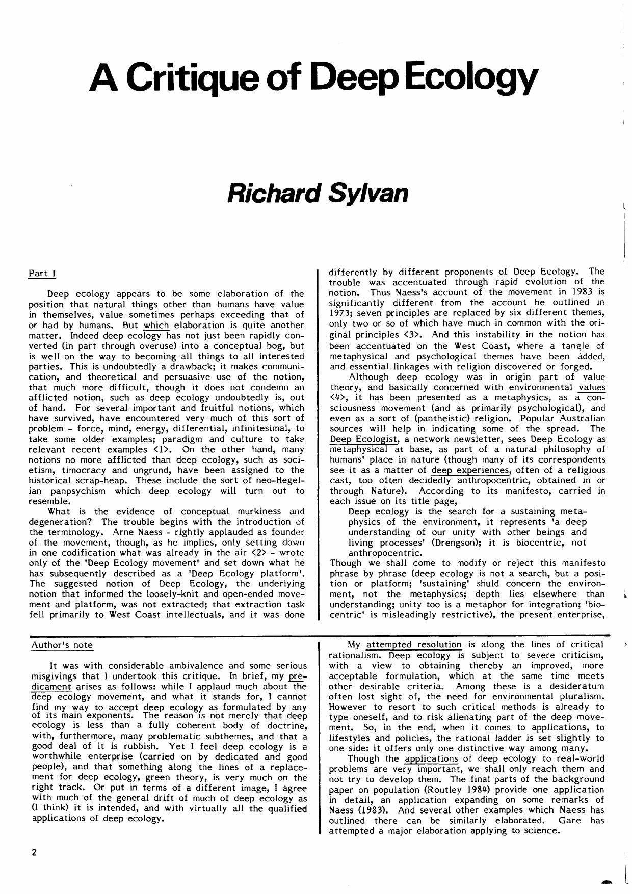 A Critique of Deep Ecology