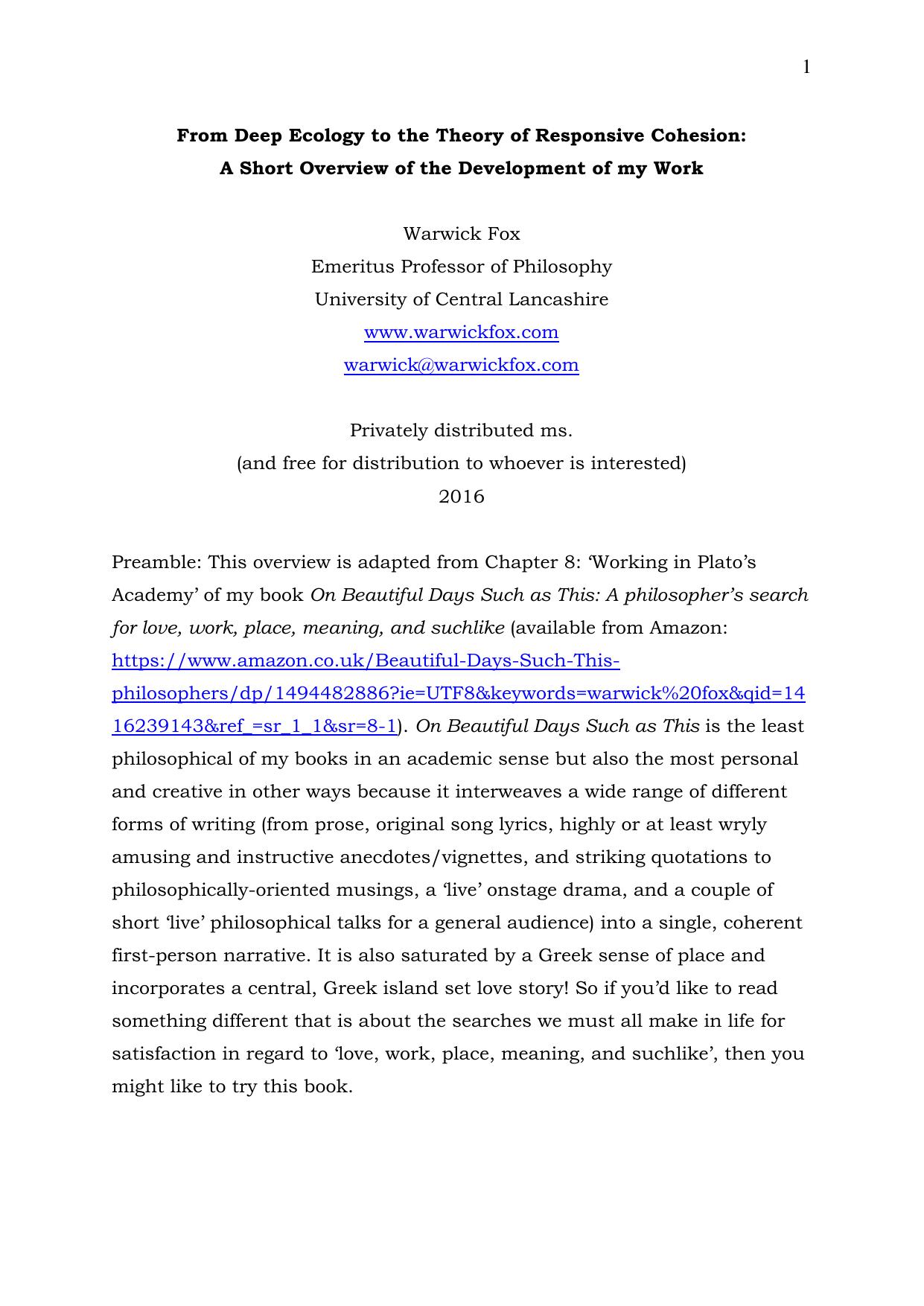 From Deep Ecology to the Theory of Responsive Cohesion: A Short Overview of the Development of my Work