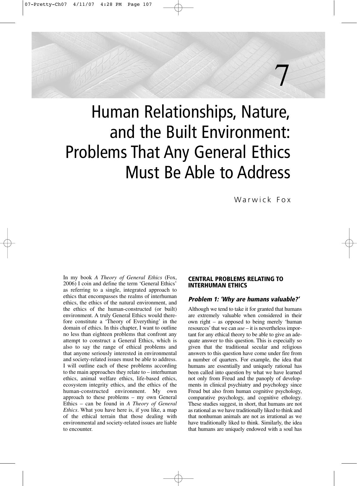 Human Relationships, Nature, and the Built Environment: Problems That Any General Ethics Must Be Able to Address